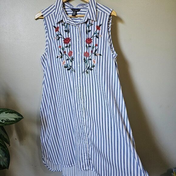 EUC LIKE NEW TERRE BLUE 100% LYOCELL STRIPED EMBROIDERED BUTTON DOWN DRESS SZ L - Picture 2 of 16
